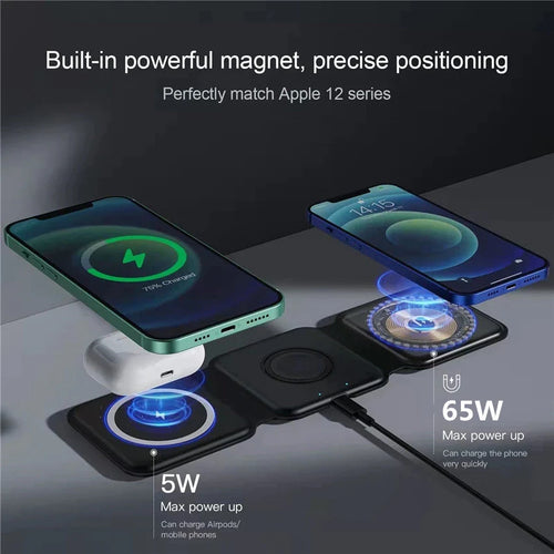65W 3 in 1 Magnetic Wireless Charger Pad Foldable for Iphone 14 13 12 11 XS X Apple Watch Airpods Fast Charging Dock Station